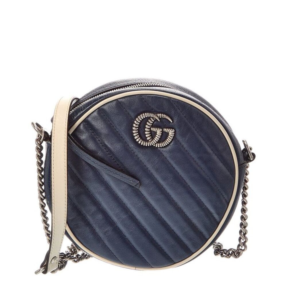 Gucci Blue Matelasse Diagonal Leather Mini Torchon Gg Marmont Round Crossbody
